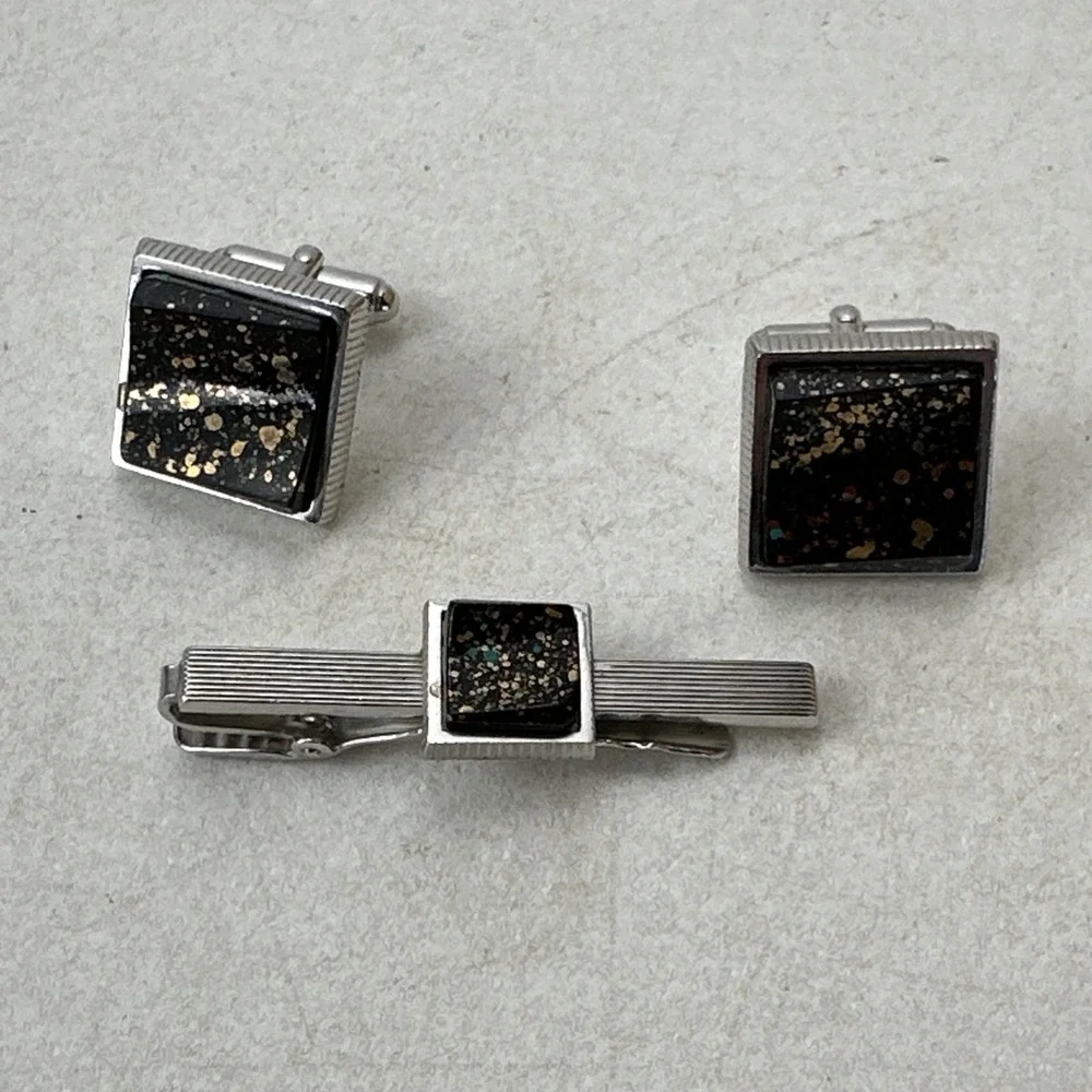 Vintage Anson Cufflinks & Tie Clip Set Silver Black Gold Turquoise Flakes